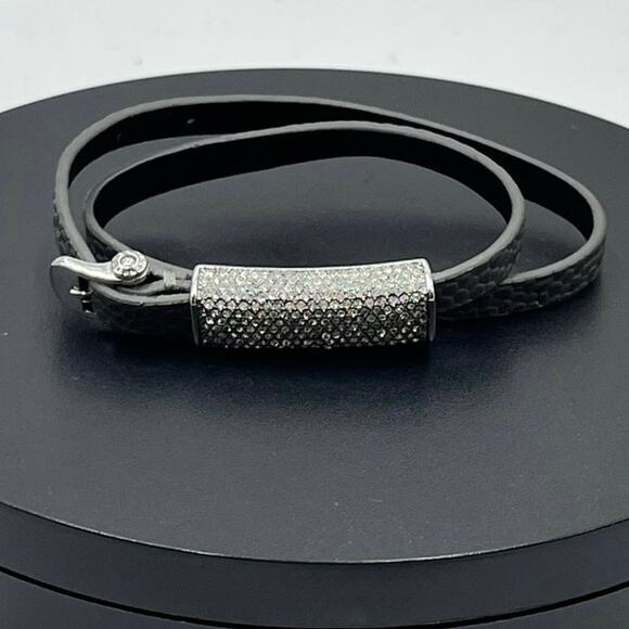 Henri Bendel Rivington Pebbled Grey Leather and White Crystal Pave Wrap Bracelet - Picture 1 of 10